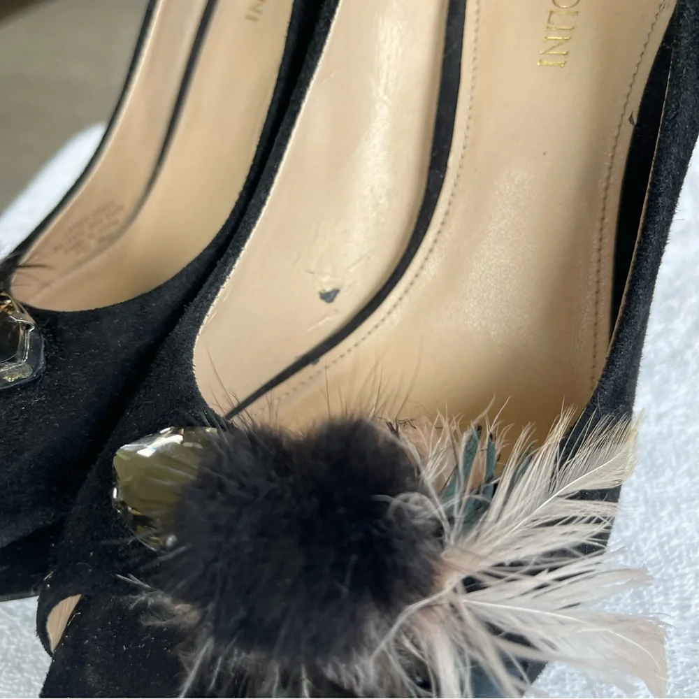 Enzo Angiolini Black Jeweled Black Suede Chunky Heel Platform Pumps. Size 9